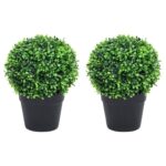 Artificial Boxwood Plants Pair with Pots  Ball Shaped  Green  Weather-Resistant  Easy Care