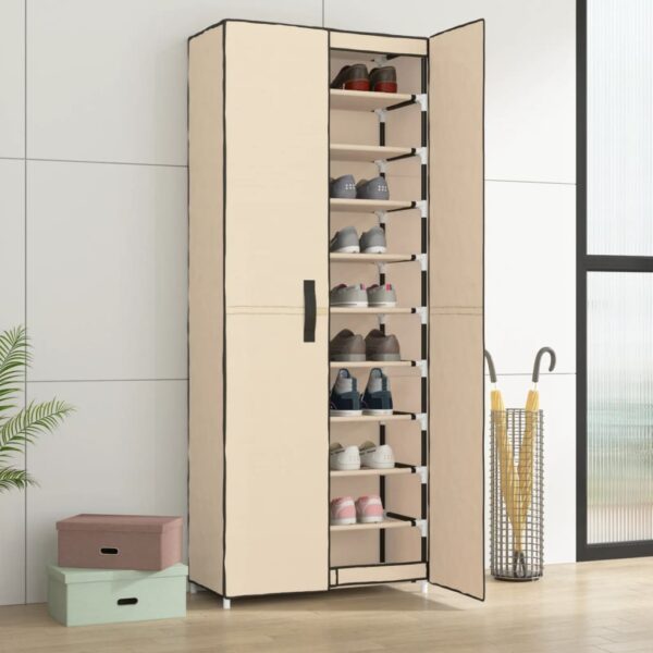 10-Tier Cream Shoe Cabinet  Non-Woven Fabric and Steel  Lightweight  Ample Storage  Dust-Proof