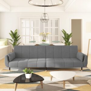 Light Grey Velvet 2-Seater Sofa Bed with Two Pillows  Convertible Design  Adjustable Backrest  Sturdy Wooden Frame and Metal Legs