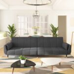 Dark Grey Velvet 2-Seater Sofa Bed with Two Pillows  Convertible Design  Sturdy Wood and Metal Frame