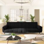 Black Velvet 2-Seater Sofa Bed with Two Pillows  Convertible Design  Adjustable Backrest  Sturdy Wood and Metal Frame