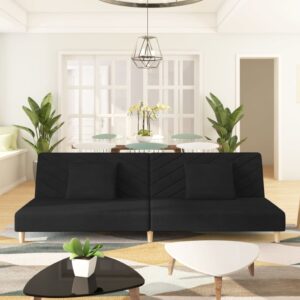 Black Fabric 2-Seater Sofa Bed with Two Pillows  Convertible  Foam Filled  Modern Design