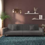 Dark Grey Velvet 2-Seater Sofa Bed with Two Pillows  Convertible  Foam Filled  Wood Frame