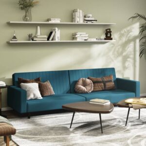 Blue Velvet 2-Seater Sofa Bed  Convertible  Foam Filled  Wood Frame  Modern Design