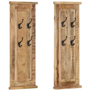 Solid Mango Wood Coat Racks Set of 2  Antique- Wall Mounted  Durable Iron Hooks  38x100 cm