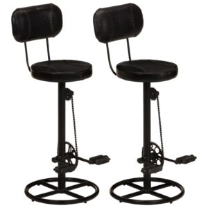 Black Real Goat Leather Bar Stools with Unique Bicycle Pedal Footrests - Set of 2