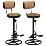 Set of 2 Real Goat Leather Bar Stools with Canvas Print  Bicycle Pedal Footrests  Brown and Black