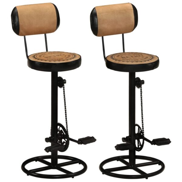 Set of 2 Real Goat Leather Bar Stools with Canvas Print  Bicycle Pedal Footrests  Brown and Black