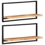 Solid Acacia Wood and Steel Wall Shelves Set of Two  Natural Live Edge  Sturdy and Durable