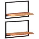 Solid Acacia Wood and Steel Wall Shelves Set of Two - Natural Finish  Sturdy  Unique Design