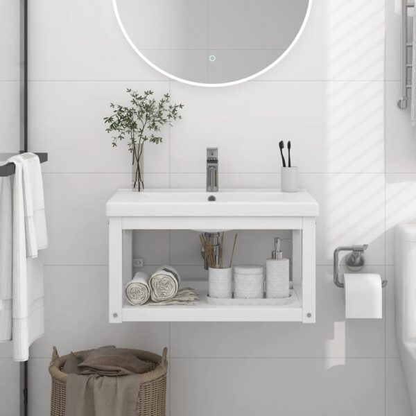 White Wall-Mounted Bathroom Washbasin Frame Iron Powder-Coated Durable Easy Clean Storage