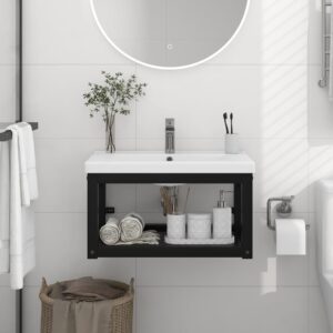 Black Wall-Mounted Bathroom Washbasin Frame Iron Powder-Coated Durable Easy Clean Storage