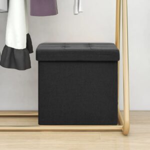 Folding Storage Stool Black Faux Linen