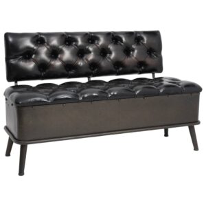 Vintage  Black Faux Leather Storage Bench with Backrest - Comfortable and Practical