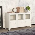 Industrial  White Sideboard with Glass Doors  Metal Construction  Ample Storage Space