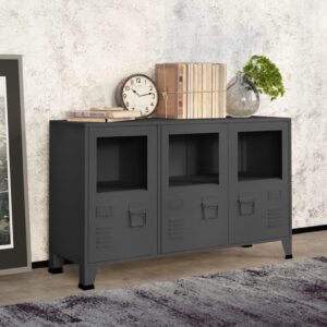 Industrial Anthracite Sideboard with Glass Doors  Metal Construction  Ample Storage Space