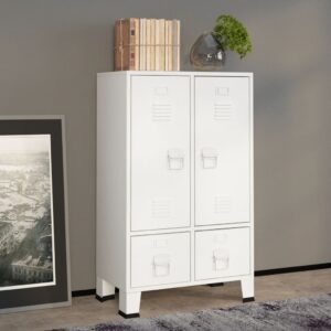 Industrial  White Steel Wardrobe with Adjustable Shelves and Drawers