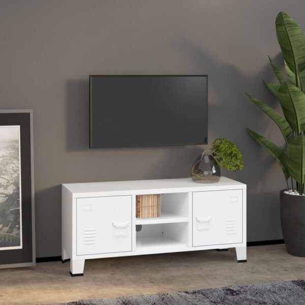 Industrial  White Metal TV Cabinet with Storage Shelf and Ventilated Doors