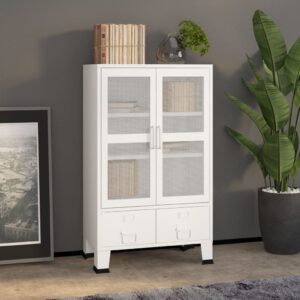 Industrial White Metal Storage Chest with Adjustable Shelves and Mesh Doors