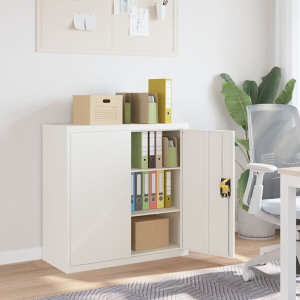 White Steel File Cabinet with Adjustable Shelves and Lockable Doors for Office Storage