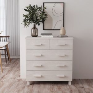 Solid Pine Wood Sideboard HAMAR White with Five Drawers and Sturdy Tabletop