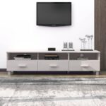 Solid Pine Wood TV Cabinet HAMAR White with 3 Drawers and Compartments for Storage