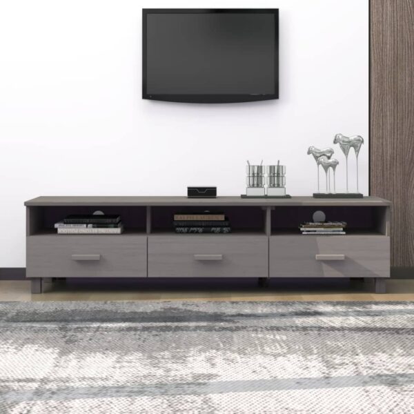 Solid Pine Wood TV Cabinet HAMAR Light Grey with 3 Drawers and Compartments