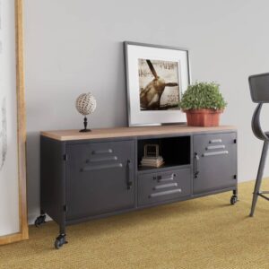 Stylish Black TV Cabinet with Wheels - Solid Fir Wood and Iron - Ample Storage Space