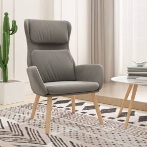 Light Grey Velvet Relaxing Chair with Armrests  Metal Frame  Solid Rubberwood Legs