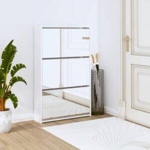 High Gloss White Shoe Cabinet with Mirror  3-Layer  Pull-Down Drawers  Engineered Wood