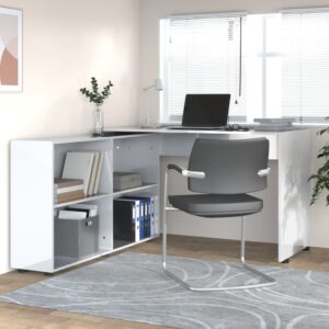 High Gloss White Corner Desk with Ample Storage  Engineered Wood  Practical L-Shaped Design