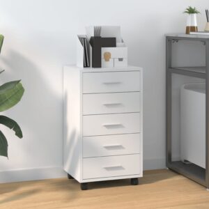 High Gloss White Drawer Cabinet with Castors  Engineered Wood  Office Storage Solution