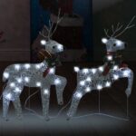 Christmas Reindeer Decorations Set of 2 with 40 LED Lights Silver Mesh Metal Frame