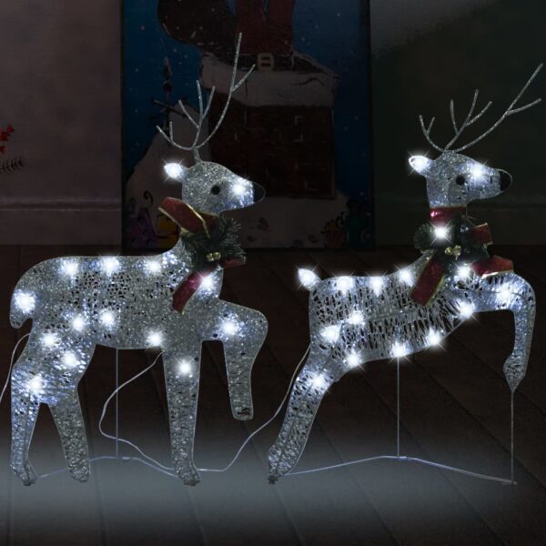 Christmas Reindeer Decorations Set of 2 with 40 LED Lights Silver Mesh Metal Frame