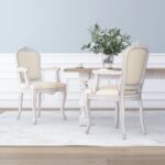 Elegant Beige Dining Chairs Set of 2  Linen Fabric  Solid Wood  French Vintage   Comfortable Foam Filling  Breathable and Durable