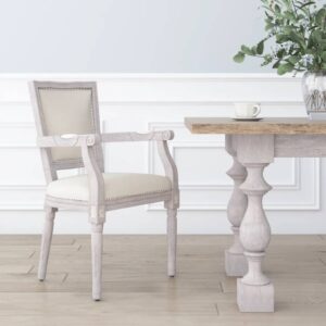 Elegant Beige Linen Dining Chair  French   Solid Wood Frame  Foam Filled  Breathable Fabric