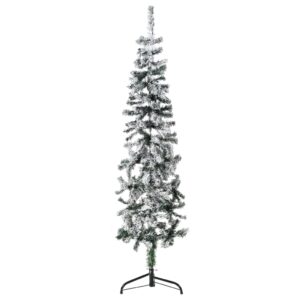 Artificial Slim Half Christmas Tree Flocked Snow Design  Lifelike PVC Material  Space-Saving  Green and White  150cm Height