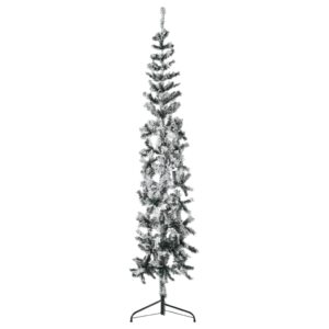 Artificial Slim Half Christmas Tree Flocked Snow Design  Lifelike PVC Material  Space-Saving  Green and White  210 cm Height