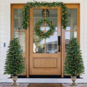 Artificial Christmas Trees Set with Wreath  Garland and Warm White LEDs - Green PVC