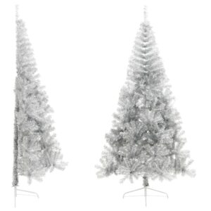 Artificial Half Christmas Tree with Stand  Silver  210 cm  PET Material  Space Saving Design