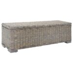 Chic Grey Rattan Storage Bench - Solid Wood Mango Base  Comfortable Seating