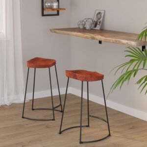 Set of Two Retro Solid Mango Wood Bar Stools with Iron Frame for Kitchen