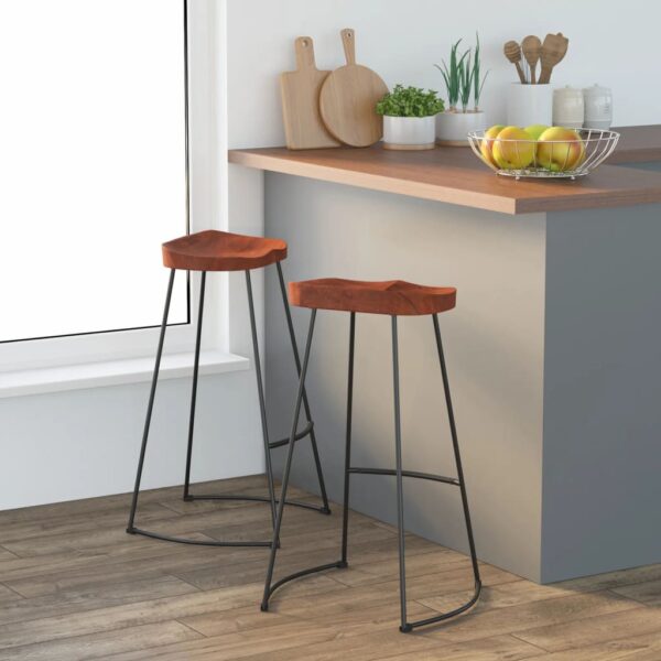 Set of Two Retro Solid Mango Wood Bar Stools with Iron Frame for Kitchen