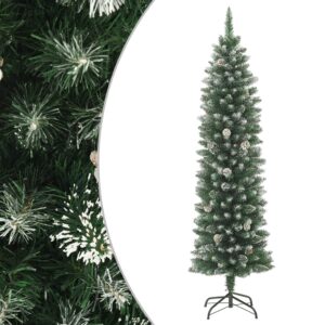 Green & White Snow-Flocked Slim Christmas Tree with Cones and Stand PVC