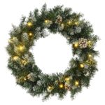 Green LED Lighted Christmas Wreath Festive Holiday Decor Pine Cones Snow Effect