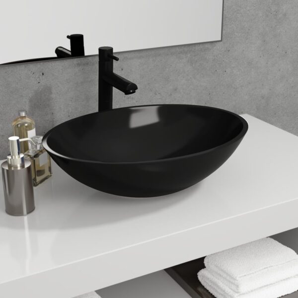 Stylish Black Glass Bathroom Basin Above Counter Washroom Sink Easy Clean Modern