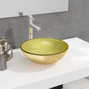 Gold Tempered Glass Bathroom Basin Above Counter Round Sink Easy Clean Modern