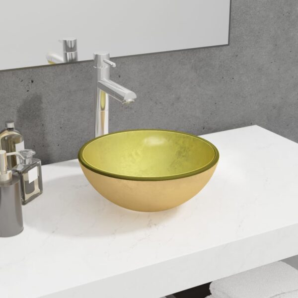 Gold Tempered Glass Bathroom Basin Above Counter Round Sink Easy Clean Modern