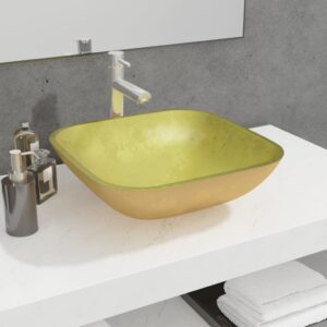 Stylish Gold Finish Glass Bathroom Sink Above Counter Wash Basin Easy Clean