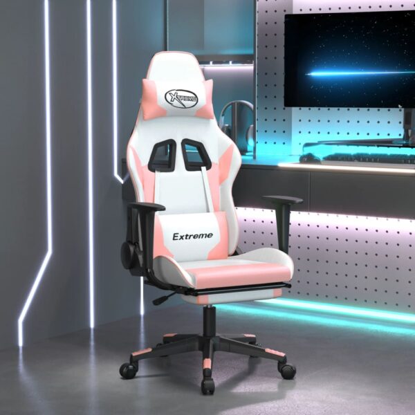 Massage Gaming Chair with Footrest White&Pink Faux Leather